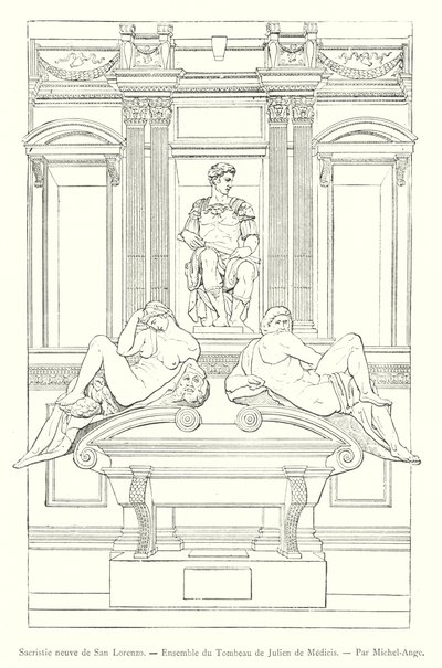 San Lorenzo'nun Yeni Sacristy'si, Giuliano de Medici'nin Mezarı Topluluğu, Michelangelo tarafından (gravür) by Italian School