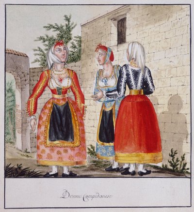 Campidano kostümlü Sardunyalı kadınlar, baskılı ms.258, Luzzetti Koleksiyonu by Italian School