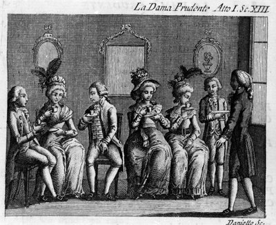Carlo Goldoni'nin (1707-1793) "La dama prudente" (İhtiyatlı eş) (1751) adlı çizgi romanının I. Perdesinin 13. Sahnesi. 18. yüzyılın gravürü by Italian School