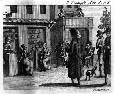 Carlo Goldoni'nin (1707-1793) “Il ventaglio” (Eventel) (1764) adlı çizgi romanının I. Perdesinin 1. Sahnesi. 18. yüzyılın gravürü by Italian School