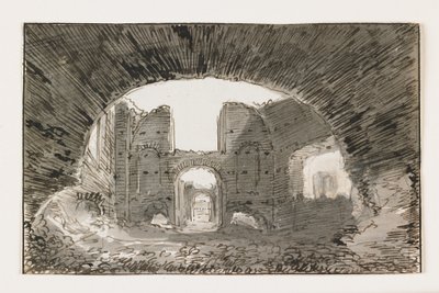 Caracalla Hamamları taslağı, 19. yüzyılın başlarında (siyah tebeşir üzerine gri astarlı kalem ve kahverengi mürekkep) by Italian School