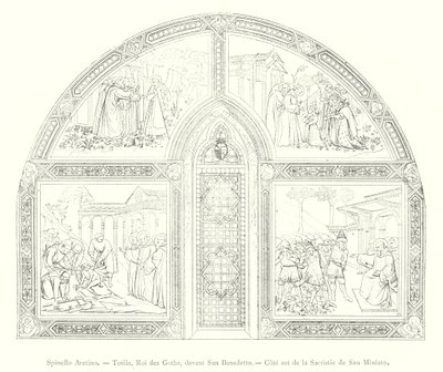 Spinello Aretino, Totila, Gotların Kralı, San Benedetto'nun önünde, San Miniato Sacristy'nin doğu tarafı (gravür) by Italian School