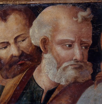 Aziz Peter, Aziz Peter ve Paul ile Madonna ve Çocuğu tasvir eden altar parçasının detayı, 1540 (panelde tempera) by Italian School