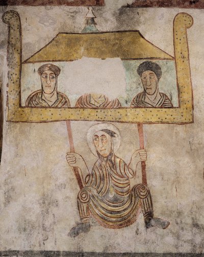 İpte sallanan St. Proculus, fresklerden detay (8. yüzyıl), St. Proculus Kilisesi, Naturno, Val Venosta, Trentino-Alto Adige, İtalya by Italian School