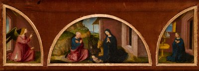Müjde (solda ve sağda yarım ay) ve Doğuş (merkezi lunet) tek karede, c.1480 (panelde yağlı boya) by Italian School