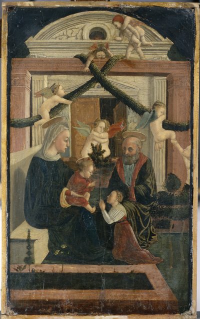 Kutsal Aile, dua eden ve oynayan meleklerle, c.1460 (çam ağacında huysuzluk) by Italian School