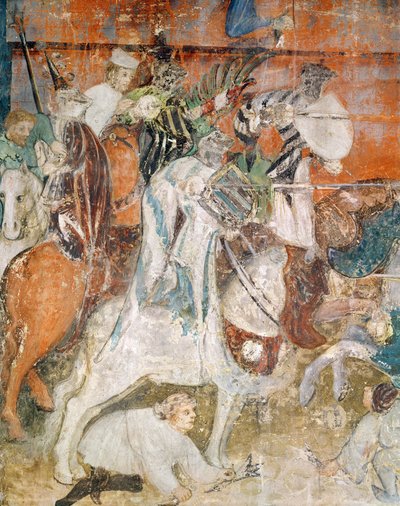 Şubat Ayı, bir turnuvadaki şövalyelerin detayı, c.1400 (fresk) by Italian School