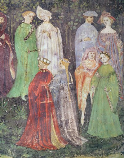 Haziran Ayı, yürüyen asilzadelerin ve kadınların detayı, yaklaşık 1400 (fresk) by Italian School