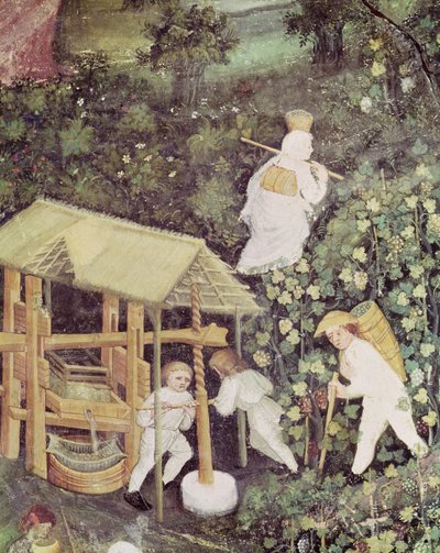 Ekim Ayı, üzüm sıkan üzüm toplayıcılarının detayı, yaklaşık 1400 (fresk) by Italian School