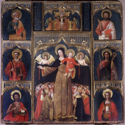 İsa Çocuğu ile Bakire: Tespih Our Lady (Bizim Leydi) Altarpiece. Altı aziz Bakire