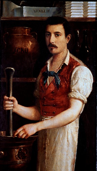 Çikolatanın zanaatkar üretimi Kakao çekirdekleri öğütülür. Bir işaretin anonim resmi. 1875-1900 Milano, Milano Müzesi by Italian School