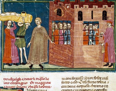 Mahkumlara yemek dağıtımı Florentine okulunun minyatürü, Sör Zucchero Bencivenni (MS.II.VI 16) tarafından “Pater noster”ın ek baskısından alınmıştır. 14. yüzyılın başında Floransa, milli kütüphane by Italian School