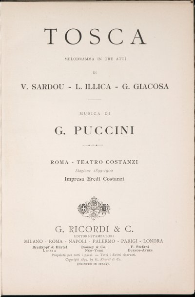 Başlık sayfası, Libretto della Tosca, Giacomo Puccini, Ricordi Edition, İtalya by Italian School