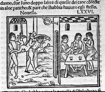 Omuzlarında domuz taşıyan iki adam. İtalyan yazar Giovanni Boccaccio dit Jean Boccaccio (1313-1375) tarafından “Decameron”un 76. haberi (sekizinci günün Yeni 6) için illüstrasyonu. Gravür “” Decamerone ouer Cento nouelle” Venedik, Bartolomeo de by Italian School