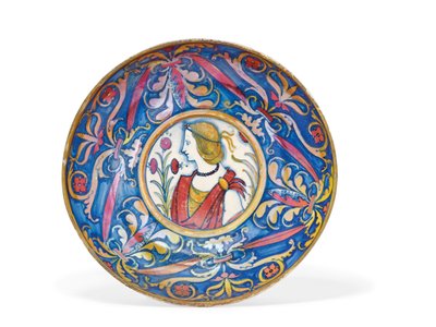 Umbrian mayolikası altın ve yakut-parlak ayaklı tabak, Deruta