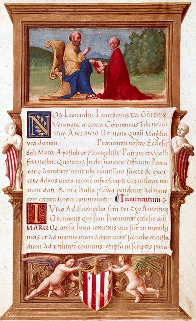 Venedik: Doge Antonio Grimani Komisyonu (1434-1523), San Marco Savcısı (Saint Mark) 16. yüzyıla ait Elyazması sayfası. Venedik, Museo Correr by Italian School