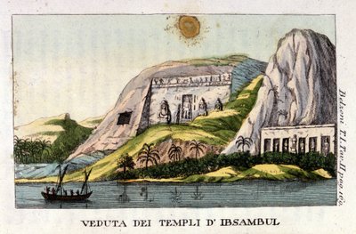 Abu Simbel Tapınağı'nın görünümü. İtalyan kaşif ve arkeolog Giovanni Battista (Gianbattista) Belzoni (1778-1823), Mısır'da önemli arkeolojik keşifler yapmıştır. Gravür - “” Viaggio in Egitto e in Nubia”” Belzoni, Milano by Italian School