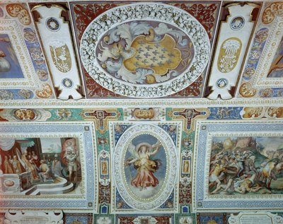 Onofrio Panvinio tarafından tasarlanan ve Taddeo (1529-66) ve Federico Zuccaro (1540-1609) 1557-83 tarafından fresklenen Sala dei Fasti Farnese (Farnese İhtişam Salonu) görünümü (detay) by Italian School