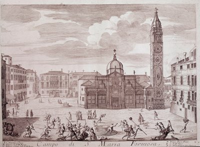 Santa Maria Formosa kilisesinin meydanının görünümü bir Venedik “Teatro di Venezia”dan oyma 18. yüzyıl Venedik, Museo Correr by Italian School