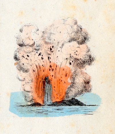 Bol miktarda gaz ve külün eşlik ettiği yüksek miktarda lav fışkırmasıyla birlikte patlayan Aeolian Adaları yanardağı, Litografi Corbetta, Milano by Italian School