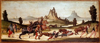 Yaban Hayatı Av Sahnesi Avcıları hayvanlar tarafından ısırılır. Sienese okulunun resmi. 15. yüzyıl Floransa, Museo Nazionale del Bargello by Italian School