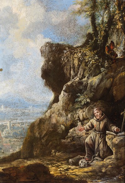 Aziz Francis kayalık bir çıkıntının yanında vecd halinde, ötesinde bir manzara (bakır üzerine yağlıboya) by Italo-Flemish School