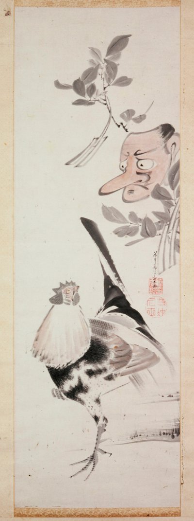 Cockerel ve Tengu-Maske, c.1775 (kağıt üzerinde mürekkep ve açık renk) by Ito Jakuchu