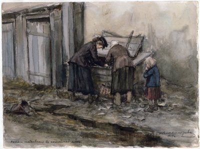 Çöp kutusunda yemeğini arayan iki kadın ve bir çocuk - Çöp kutusunu arayan iki kadın ve bir çocuk (Rus devrimi suluboya serisinden) - Vladimirov, Ivan Alexeyevich (1869-1947) - 1919 - Kağıt üzerine suluboya - 25 ,8x34 ,5 - P by Ivan Alexeyevich Vladimirov