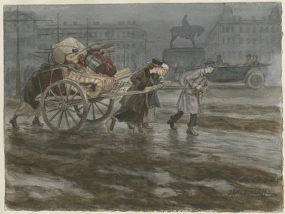 Rus devrimi, 1917-1918 suluboya serisinden eşyalarını arabada taşıyan aile by Ivan Alexeyevich Vladimirov