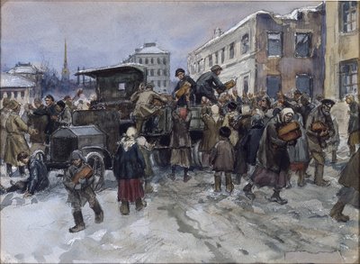 Petrograd'da Vladimirov, Ivan Alexeyevich (1869-1947) tarafından askeri bir ekmek kamyonunu soyan aç işçiler. Suluboya, Kağıt Üzerine Guaj by Ivan Alexeyevich Vladimirov