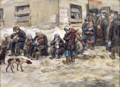 Petrograd'da aç yıllar. Vladimirov, Ivan Alexeyevich (1869-1947) tarafından ""Ortak yemek odası". Suluboya, Kağıt üzerine guaj. Özel koleksiyon by Ivan Alexeyevich Vladimirov