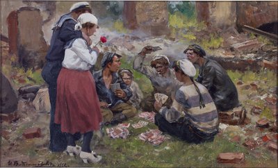 Vladimirov, Ivan Alexeyevich (1869-1947) tarafından kağıt oynayan denizciler. Ahşap üzerine yağ by Ivan Alexeyevich Vladimirov