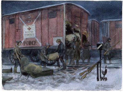 Soldats pilant un vagon de chemin de fer - Bir demiryolu vagonunu yağmalayan askerler (Rus devrimi suluboya serisinden) - Vladimirov, Ivan Alexeyevich (1869-1947) - 1922 - Kağıt üzerine suluboya - 25,8x34,1 - Özel Koleksiyon by Ivan Alexeyevich Vladimirov