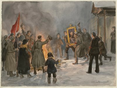 Tabloları yakan askerler (Rus devrimi suluboya serisinden) - Oeuvre de Ivan Alexeyevich Vladimirov (1869-1947) - 1917 - Kağıt üzerine suluboya - 25,7x34,5 - Özel Koleksiyon by Ivan Alexeyevich Vladimirov