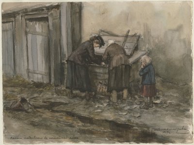 Rus devrimi suluboya serisinden iki kadın ve bir çocuk çöp kutusunu arıyor by Ivan Alexeyevich Vladimirov