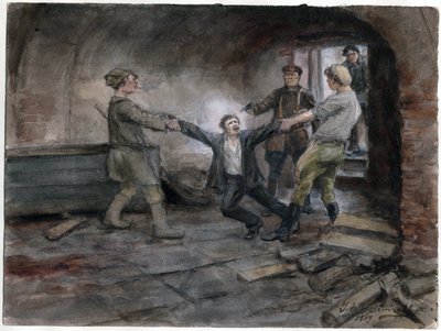 Un detenu emmene pour etre infaz - Adam tutuluyor ve idam ediliyor (Rus devrimi suluboya serisinden) - Vladimirov, Ivan Alexeyevich (1869-1947) - 1919 - Kağıt üzerine suluboya - 25,7x34,5 - Özel Koleksiyon by Ivan Alexeyevich Vladimirov