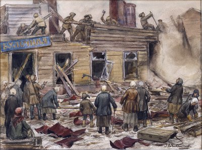 Vladimirov, Ivan Alexeyevich (1869-1947) tarafından yakıt için ahşap evleri yıkan işçiler. Suluboya, Kağıt Üzerine Guaj by Ivan Alexeyevich Vladimirov