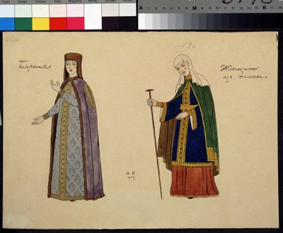 Opera için kostüm tasarımı Altın horoz Nicolas (Nikolai) Rimsky Korsakov (Rimsky-Korsakov) (1844-1908)) (Opera için kostüm tasarımı Altın horoz N. Rimsky-Korsakov (Rimsky Korsakov) Tablo Ivan Yakolevich Bilibin (Bilibin) (1876-1). by Ivan Yakovlevich Bilibin