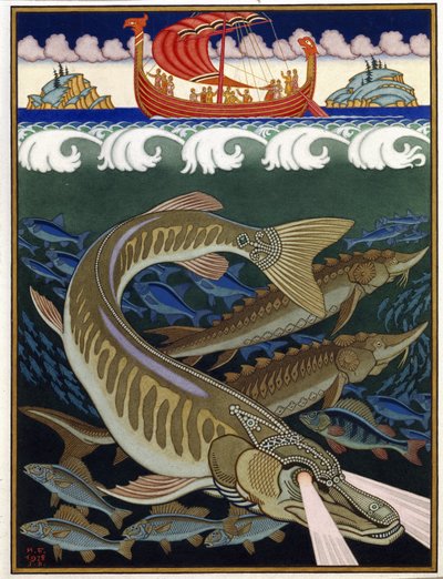 Deniz imparatorluğu (Deniz İmparatorluğu). Rus geleneksel masalı. Ivan Yakovlevich Bilibin (Bilibin) (1876-1942), kağıt üzerine suluboya ve guaj çalışması by Ivan Yakovlevich Bilibin