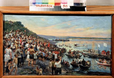 ""1927'de Ulyanovsk'a Deniz Uçağı İnişi"" Ivan Guriev'in (1875-1943) Tablosu 1927 Bölgesel Sanat Müzesi, Simbirsk by Ivan Gouriev