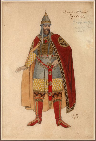 M. Glinka par Bilibin, Ivan Yakovlevich (1876-1942) tarafından Ruslan ve Lyudmila operası için kostüm tasarımı. Karton üzerine suluboya by Ivan Yakovlevich Bilibin