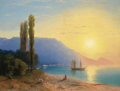 ""Kırım'da Yalta Üzerinde Gün Batımı" (Yalta Üzerinde Gün Batımı) Tablo Ivan Constantinovich Aivazowski (Aivazovsky 1817-1900) 1861 - Tuval üzerine yağlı boya Dim 67x89 cm Özel Koleksiyon by Ivan Konstantinovich Aivazovsky