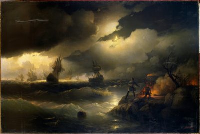 Peter der Große zündet bei Krasnoi Gorka ein Leuchtfeuer fü by Ivan Konstantinovich Aivazovsky