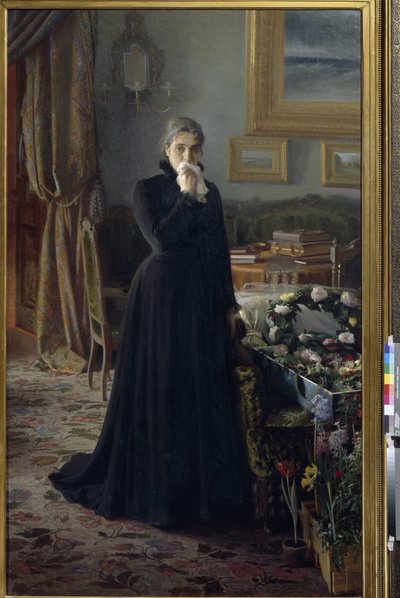 Teselli edilemez keder (yas tutan bir kadın, çiçek çelenklerle kaplı tabutun yanında duran)(Teselli edilemez keder) - Tablo Ivan Nikolayevich Kramskoi (1837-1887), tuval üzerine yağlıboya (228x141 cm) by Ivan Nikolaevich Kramskoy