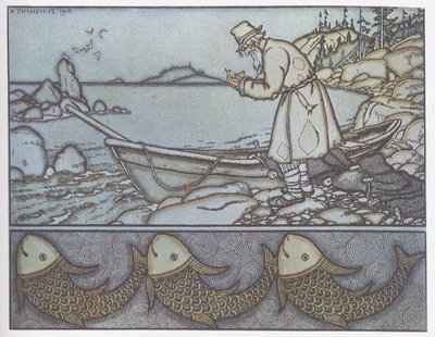 Balıkçı ve Balık Masalının İllüstrasyonu by Ivan Yakovlevich Bilibin