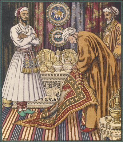 Prens Ali halı alıyor. Arap Masalları için İllüstrasyon by Ivan Yakovlevich Bilibin