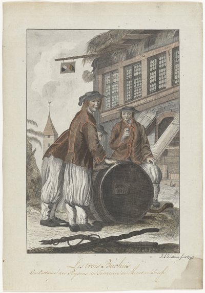 Bir evin önünde İsviçre giysili üç adam by J.A. Zoutman
