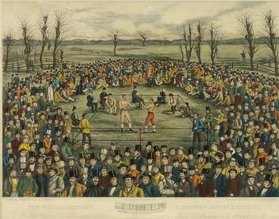 J. R. Mackrell ve J.B. Rowbotham (aquatint) tarafından kazınmış, Sayers ve Heenan arasında bir tarafı 200 Pound için Büyük Yarışma by J.B. and Brown J. Rowbotham