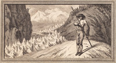 Kar yüzeyindeki bir adam uzun bir direğe yaslanıyor. by J.F. Clemens