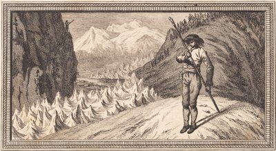 Kar yüzeyindeki bir adam uzun bir direğe yaslanıyor. by J.F. Clemens